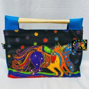 Laurel Burch Small Canvas Art Tote Bag With Blue Wooden Handles Horse Print